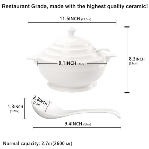 jinsongdafa Casserole Dish with Serving Handle, 2.7-quart White French Soup pot, Ceramic Tureen with Lid and Ladle, for Dinner and Party, Microwave, Dishwasher, Oven Safe 11.6 Inch - Thumbnail 2
