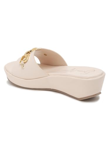 Image of Bruno Manetti Women's Slipon Back Open with Upper Golden Buckle Round Toe Comfort Platform Wedges