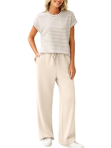 Glamaker Two Piece Sets for Women Summer Lounge Set Short Sleeve Pullover Tops Sweatpants 2025 Fashion Outfits Khaki XL