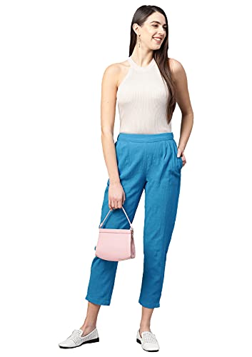 Image of Yash Gallery Women's Regular Fit Mid Rise Solid Cotton Slub Ankle Length Regular Trouser Pant