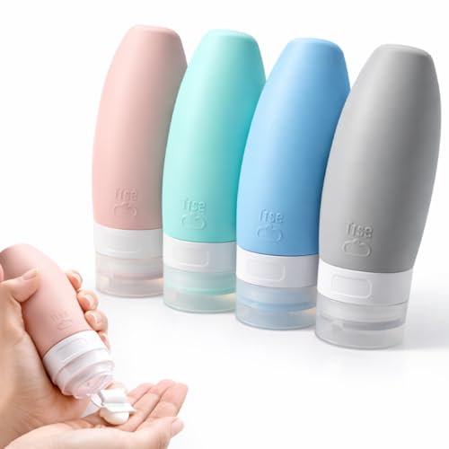 Kit 4 Frascos de Silicone 90ml para Viagem Antivazamento Reutilizáveis BPA Free – Porta Shampoo Condicionador Cosméticos com Bico Dosador Tampa Flip Top Aprovado para Bagagem de Mão Premium