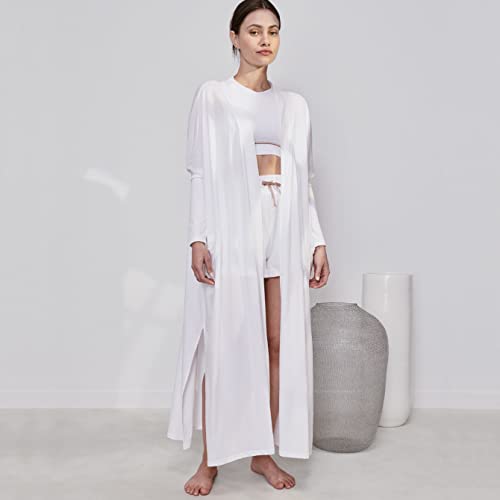 Image of Lunya - Organic Pima Cotton Long Cardigan - Versatile Sleepwear - Oversized Fit with Pockets - Long Lightweight Cardigan for Women - Sincere White