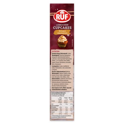 RUF Lebkuchen Cupcakes, leckere Lebkuchen Muffins mit cremigem Frosting, winterlichen Gewürzen sowie dekorativen Lebkuchenstreuseln, mit 8 Muffin Förmchen, 1x350g (Packung mit 3)