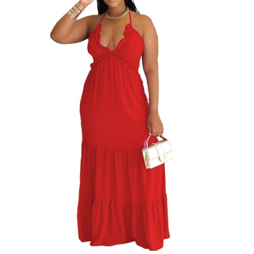 Image of TOPSRANI Womens Sleeveless Maxi Dress Halter Casual Backless Smocked Tiered Ruffle Flowy Sexy Slip Sling Strap Dresses