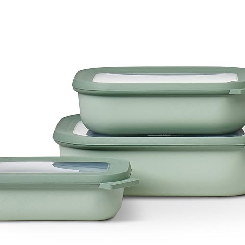 Mepal Multischale Cirqula Rectangular 3-teiliges Set - Mikrowellen Geschir - Geignet als Aufbewahrungsbox, Kuhlschrank, Gefrierschrank & Mikrowellengeschirr - 500, 1000 & 2000 ml - Nordic sage