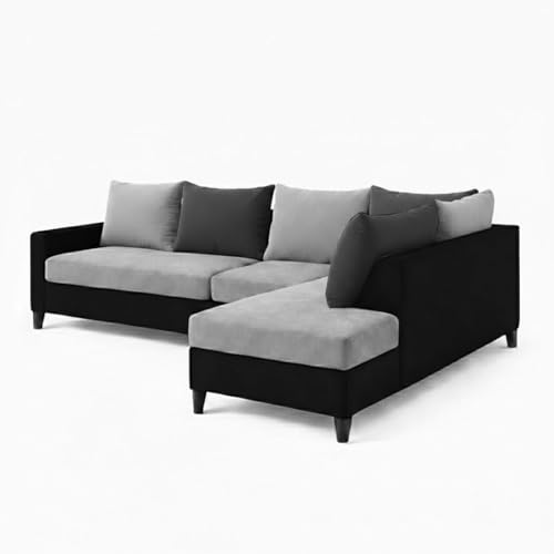 Image of FURNY Glory 6 Seater RHS Fabric Sofa Set (Black-Light Grey-Dark Grey) with Velvet Finish | Durable Comfort | Ideal for Living Room | Breathable material