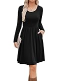 Zeagoo Damen Kleider Elegant Rundhals Freizeitkleider Langarm Kleid Klassiker Midikleid mit Taschen Schwarz L 40