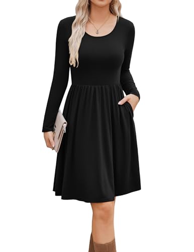 Zeagoo Damen Kleider Elegant Rundhals Freizeitkleider Langarm Kleid Klassiker Midikleid mit Taschen Schwarz L 40