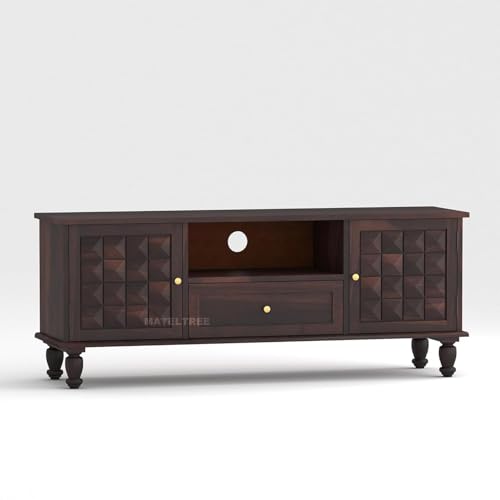 Image of Sheesham Wooden TV Unit for Living Room 55 Inch TV Furniture - WoodenTV Unit with Drawer Storage Shelves 2 Door Wooden TV Cabinet for Living Room - Fits up to 55-Inch (Drek, Walnut Finish)