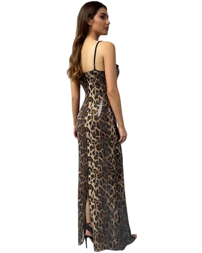 Image of BOLLEY JOSS Women's Leopard Print Sequin Maxi Dress Glitter Sexy Bodycon Sleeveless Long Dress