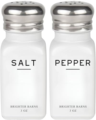 White Salt and Pepper Shakers Set by Brighter Barns - Dining Table Decor, Countertop Accessory - Neutral Minimalist Glass Salt Shaker - Modern Kitchen Accessories for Restaurant, Hotel, Airbnb (White)