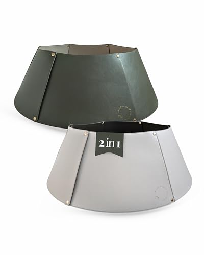 LIVLIG-2-in-1-Adjustable-Christmas-Tree-Collar-with-Gold-Print-Christmas-Tree-Skirt-Christmas-Tree-Stand-Cover-Faux-Leather-6-usable-Elements-Maximum-Size-27-inches-Gray-Green LIVLIG 2 in 1 Adjustable Christmas Tree Collar with Gold Print Christmas Tree Skirt Christmas Tree Stand Cover Faux Leather 6 usable Elements Maximum Size 27 inches Gray Green
