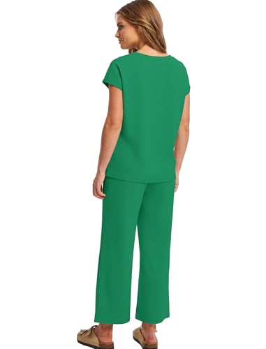 Image of Saloogoe Two Piece Sets for Women Summer Outfits Lounge Sets V Neck Tops Wide Leg Pants Woman Vacation Travel Outfits