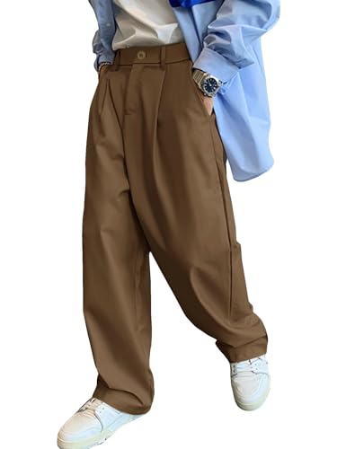 OYOANGLE Men's Loose Wide Leg Long Pants Business Suit Casual Fold Pleated Trousers with Pocket