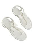 OYOANGLE Women's Pearl Beaded T Strap Thong Sandals Elastic Ankle Strap Flat Sandals Beach Wedding Shoes White 10