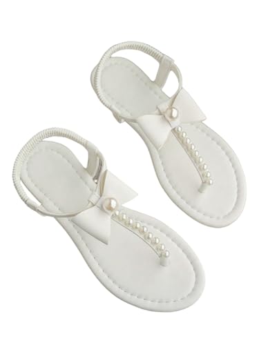 OYOANGLE Women's Pearl Beaded T Strap Thong Sandals Elastic Ankle Strap Flat Sandals Beach Wedding Shoes
