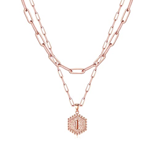 Rose Gold Layering Initial Necklaces for Women, Rose Gold Plated Paperclip Chain Necklace for Women Cute Hexagon Letter Pendant Initial I Necklace Choker Necklaces Rose Gold Layered Necklaces for Women