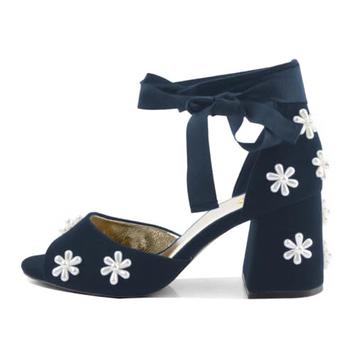 XYD Women Open Toe Sandals with Bloom Pearl Flower Ribbon Ankle Strap Chunky Block Heel Wedding Bridal Shoes
