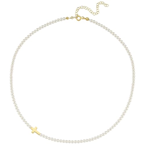 MIONZA 18K Gold Vermeil Sideways Cross Pearl Necklace, Dainty Faith-Inspired Jewelry for Women, Adjustable Beaded Strand with Gold Accent, Gift for Her
