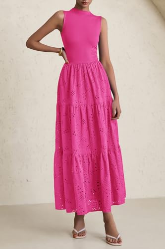 Image of PRETTYGARDEN Summer Dresses for Women 2026 Casual Eyelet Sleeveless Wedding Guest Maxi Dress Tank Top Sundress with Pockets