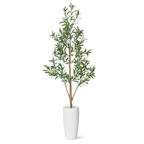 Timoo Faux Olive Tree 6Ft, Indoor Artificial Trees with Natural Wood Trunk and White Planter, Tall Fake Plants for Living Room, Bedroom and Office