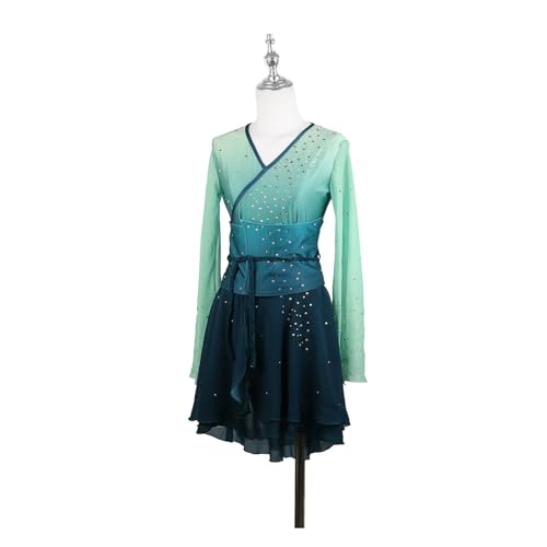 DIJITOO Vestido de patinação artística, fantasia retrô gradiente brilhante strass competição, collan