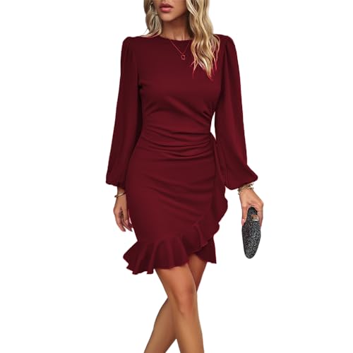 Women’s Long Sleeves Bodycon Mini Dress Ruched Puff Sleeve Ruffle Hem Round Neck Pencil Cocktail Party Work Office Dress