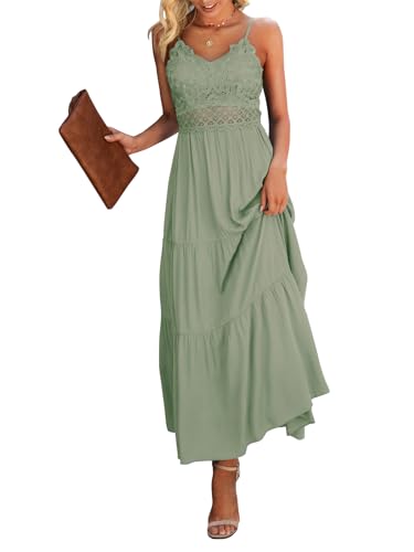 Image of Dokuritu Women's Beach Crochet Lace Maxi Dress Solid Color Summer Vacation Wedding Guest Spaghetti Strap Long Dress