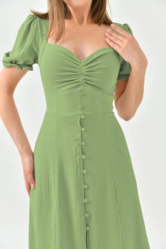 Image of Shasmi Girl's & Women's Solid Midi Dress - Elegant Square Neck Button-Down Dress with Puff Short Sleeves | Stylish Casual & Party & Office Wear Outfit (Dress 105)