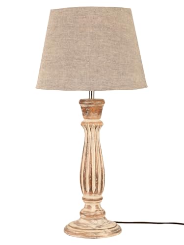 Image of Green Girgit Athens Wooden lamp with Taper Samre Grey Solid Shade, Vintage Style Table Lamp with Grey Fabric Shade, Distressed Wood Base, Farmhouse Design (LED Bulb Included)