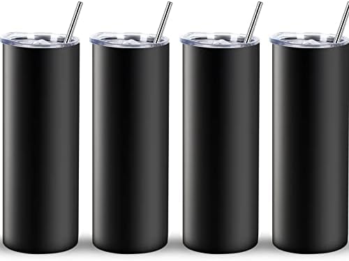 Cosictic 20 Oz Straight Skinny Tumblers Bulk (4 Pack), Stainless Steel Slim Travel Tumbler Water Bottle Cup For Diy, Individually Gift Boxed, Black