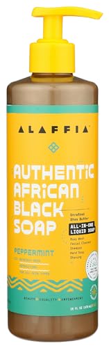 Alaffia - Authentic African Black Soap All-in-One Body Wash Shampoo and Shaving Soap For All Skin and Hair Types Fair Trade No Parabens Non-GMO No SLS Peppermint 16 Ounce