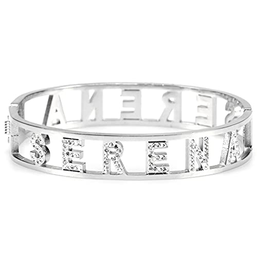 Flowers Bracciale Rigido Acciaio con Nome Vari e Zirconcini Sacchettino in Tessuto Scritta Nome ricoperta di Strass Brillantissimi Bracciale a Manetta Donna Chiusura a Molla Idea Regalo