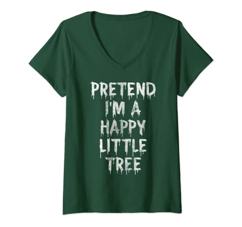 Mujer Camisa de disfraz de Halloween perezoso finge que soy un árbol pequeño feliz Camiseta Cuello V