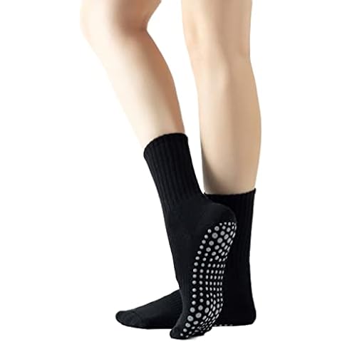 Yoga Pilates Socks with Grips for Women Non Slip Solid Colored Fleece Cushioned Mid Calf Crew Socks for Barre Ballet Dance (Black) Cover