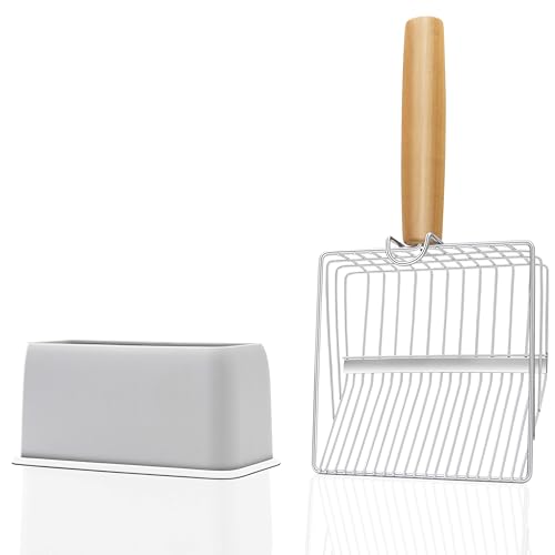 Metal Cat Litter Scoop with Holder, Poop Scooper with Ergonomic Wood Handle (0.4