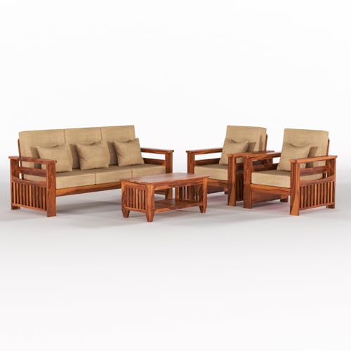 Image of Sheesham Wooden 5 Seater Sofa for Living Room | Rosewood 5 Seater Cushion Sofa Side Half Moon Rack | Solid Wood Sofa Set for Lounge (-3+1+1,Honey)
