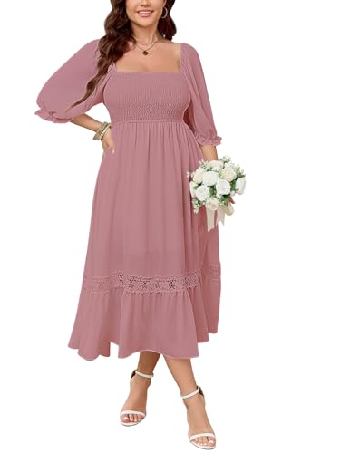 Image of SCOMCHIC Women's Plus Size Boho Maxi Dress Short Sleeve Square Neck Smocked Flowy A-Line Lace Trim Wedding Guest Dresses