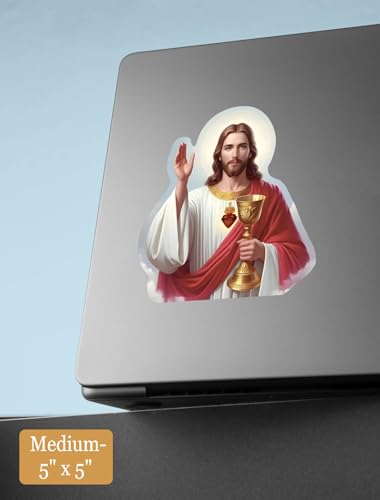 Image of Jesus Christ Sticker - Sacred Heart of Jesus Vinyl Decal, God Catholic Religious Stickers for Car Bumper, Our Lord with Cross Design (3x3)