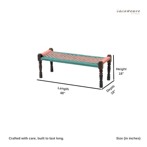 Image of Wooden Bench for Seating | Handcrafted Sheesham Wood Bench for Living Room, Balcony & Garden | Traditional Patio for Outdoor with Cotton Handwoven Rope | Green and Orange