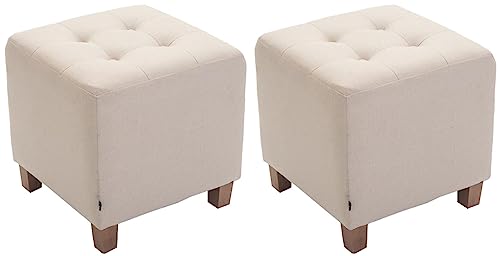 CLP Set De 2 Taburetes Bajos Pharao Tapizados En Tela I Puff Otomanos Decorativos con Base De 4 Patas De Madera, Color:Crema
