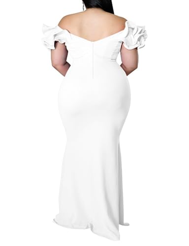 Image of Ekaliy Women's Plus Size Maxi Dress Elegant V-Neck Ruffle Sleeves Bodycon Mermaid Evening Gown