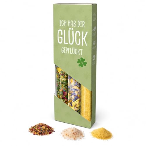 3er Set Gewürze „Ich hab dir Glück gepflückt“, Blütenmischung, Blütensalz & Zitronen Ingwer Salz – Feinkost Gewürzset, Gewürzbox als Geschenkset, Gewürzmischung Mitbringsel zum Grillen