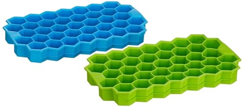 Image of Pack of 2 Flexible Silicone Shape Honeycomb 37 Cavity Ice Cube Mould Tray for Freezer, Chocolate Cake Maker, Ice Trays for Chilled Drinks, Reusable Color May Vary
