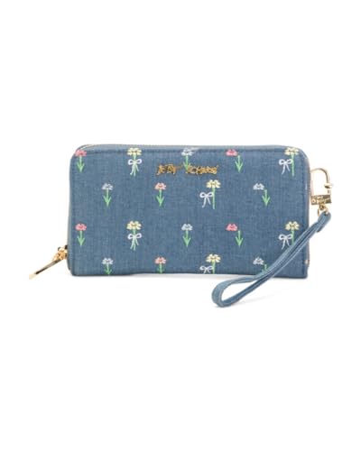 Betsey Johnson Denim Floral Embroidered Zip Around Wallet with Wristlet Strap Blue 8 x 4.5 Inches