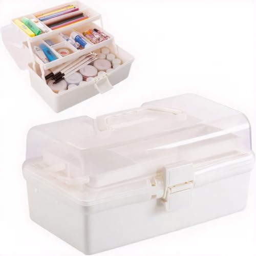 Accmuzzy 3 Layers Art Storage,Medical Box,Plastic Craft Storage Boxes with Compartments,Art Crafts Box Caddy,Craft Organiser for Sewing,Hobby,Arts,Crafts,Lego,Medicine,Stationery (White)
