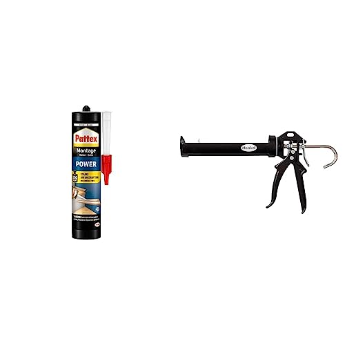 Pattex Montagekleber Power & Pattex Profi Metall Kartuschenpistole, aus Metall für Dicht- & Klebstoff-Kartuschen, Kartuschenpresse mit automatischem Nachlauf- und Schnellstopp, 1 Pistole