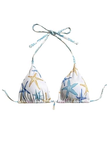 WDIRARA Women's Starfish Print Halter Triangle Bikini Tops Tie Back String Swimsuit Top