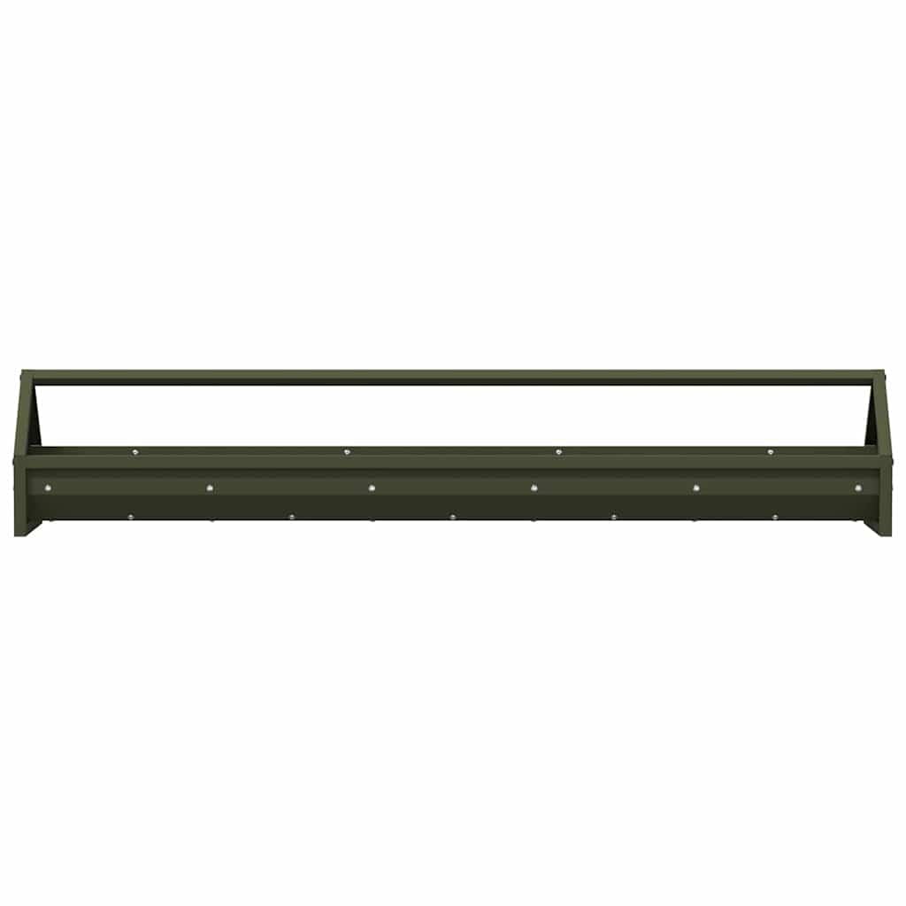 Comedero gallinas de acero verde oliva 108 x 20,5 x 20 cm, gran tamaño con barra transversal y agujeros de drenaje, para gallinero interior y exterior