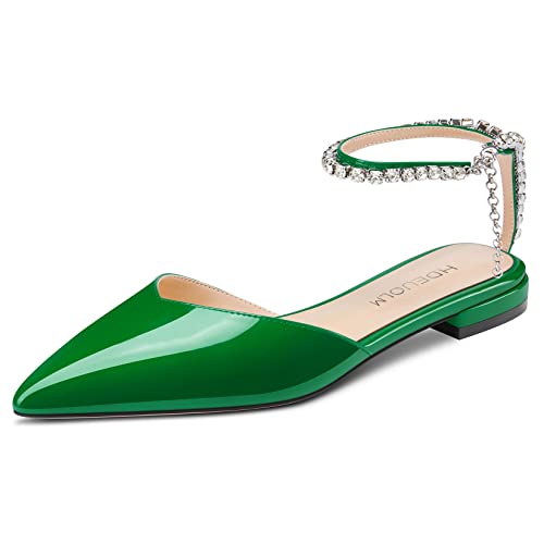 HDEUOLM Women Chunky Block Low Heel Pointed Toe Pumps Ankle Strap Slingback Rhinestone Crystal Wedding Dress Flats Shoes